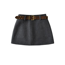 欧美风复古毛呢半身裙女2025秋冬新款韩系辣妹腰带包臀裙气质短裙
