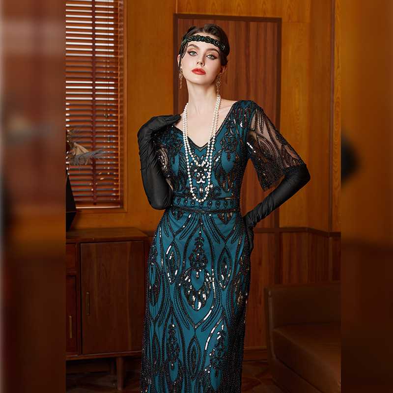 1920S Retro Embroidered Dress Prom Cocktail Party Large Size Sequin Beaded Mesh Dress Middle East