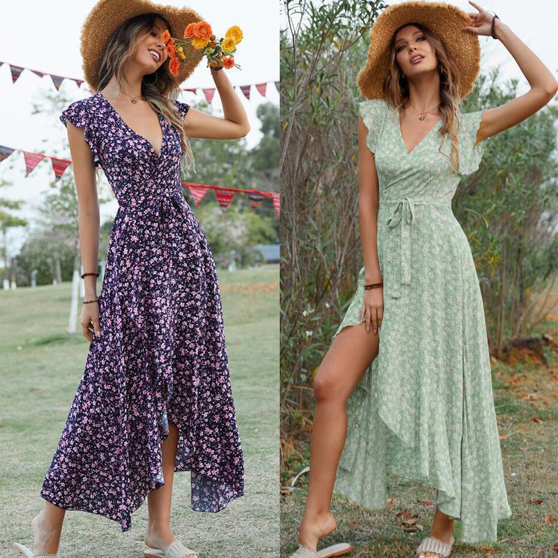 Real Shot Bohemian Beach Vacation dress Cotton Print V-neck Strap Slim-fit Irregular Large Dress