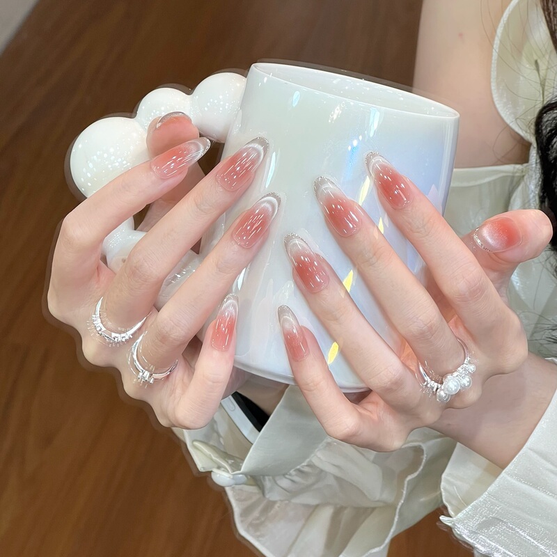 Handmade Wearable Nails, Ice-Transparent Nude Blush, French-Style Cat-Eye Nail Stickers, High-End, Simple, Whitening Nail Stickers