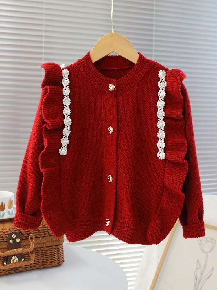 Red Girls' Sweater, 2026 New Style, Pearl Knitted Cardigan for Girls (Middle and Large Children), Spring, Autumn and Winter