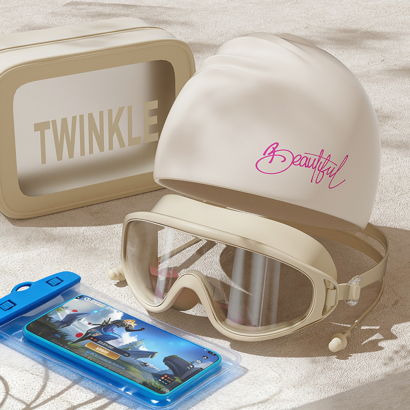 오프화이트 + 실리콘 수영모 + 카키색 수영가방 + 휴대폰가방