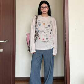 复古风彩纱涂鸦星星防晒罩衫长袖t恤女春夏新款少女宽松慵懒上衣