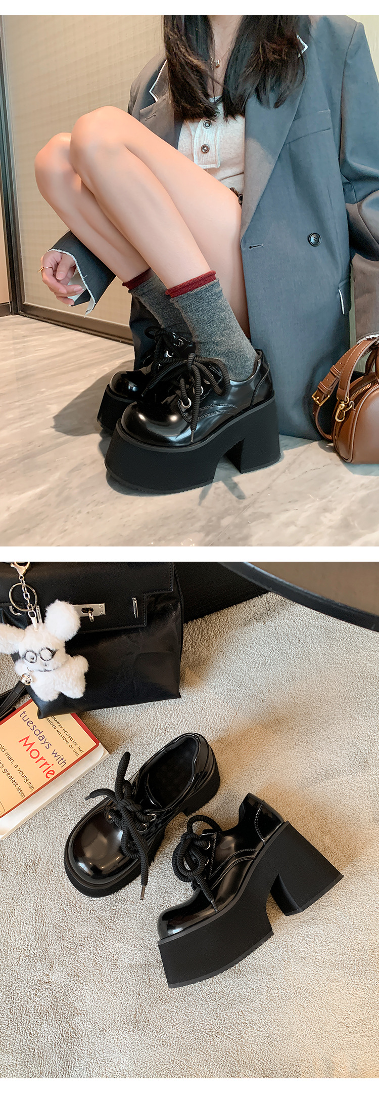 Giày loafer nữ gót vuông 10 cm đế platform dây buộc mũi sâu — màu đen chi tiết 14
