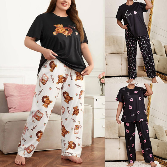 pajamas New Autumn and Winter Home Clothes Cute Bear Printed T-Shirt Trousers plus size Plus Fat Loose Women's Pajamas