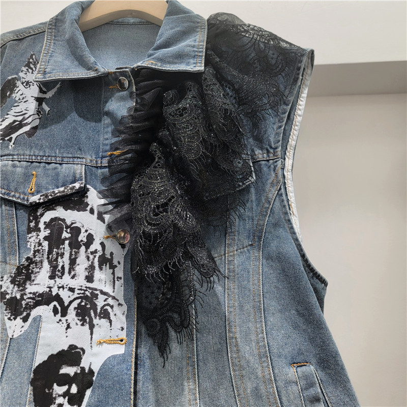 2026 principios de otoño nuevo diseño de moda universal suelto empalme encaje impresión chaleco de vaquín de moda