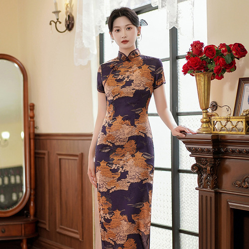 Blue white Flowers Retro Qipao dress satin restore ancient ways cultivate one's morality costumes wholesale fashion party