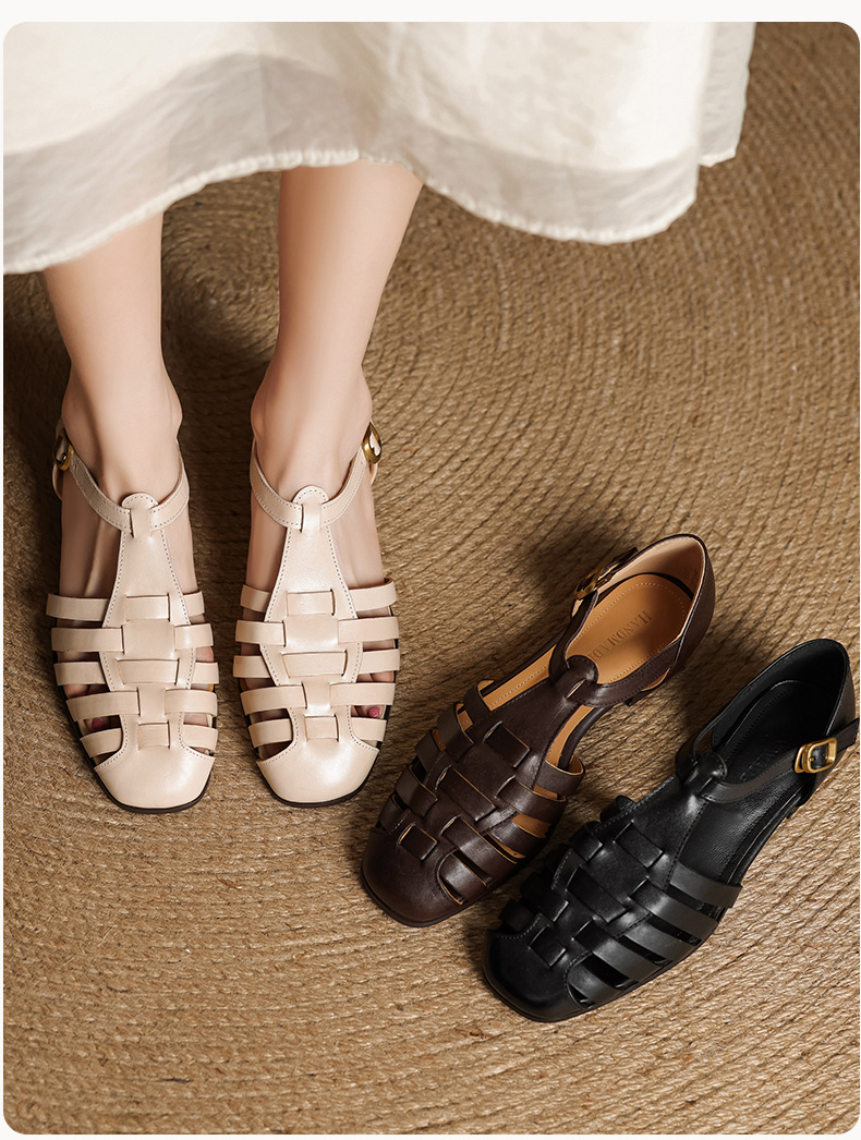 Sandal nữ da bò dệt rỗng quai chữ T phong cách Anh, mũi tròn đế bệt La Mã — màu nâu chi tiết 14