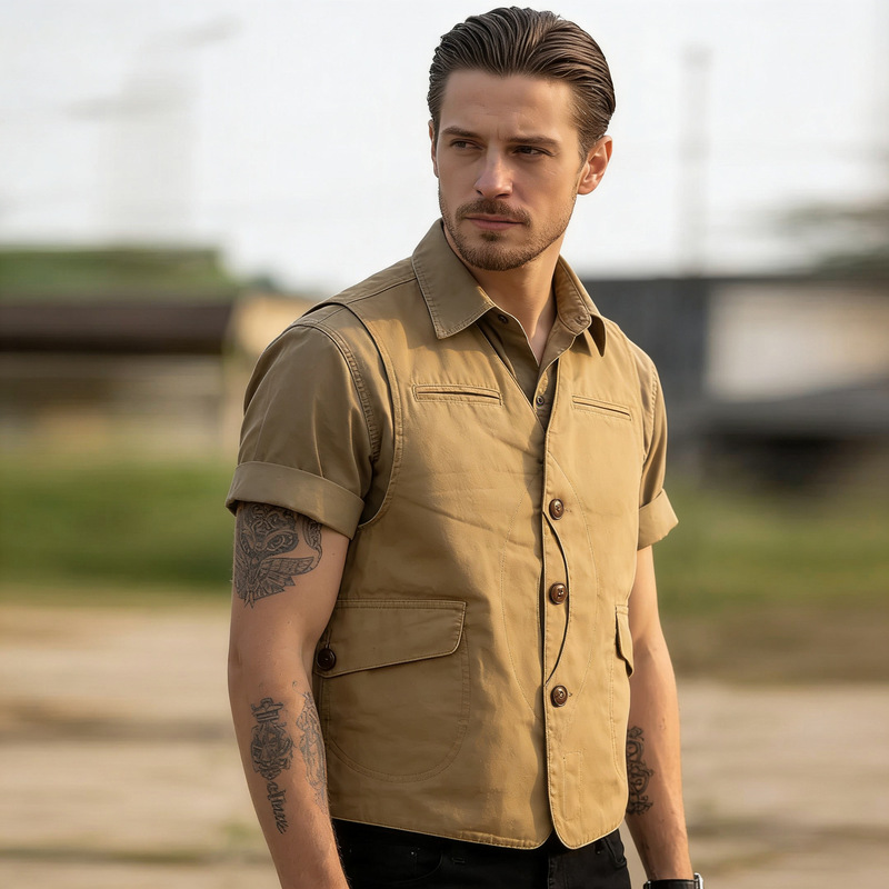 Okonkwo Retro Canvas Fishing Vest Multi-Flap Pocket Pants Denim Hunting Workwear Vest Ami Khaki