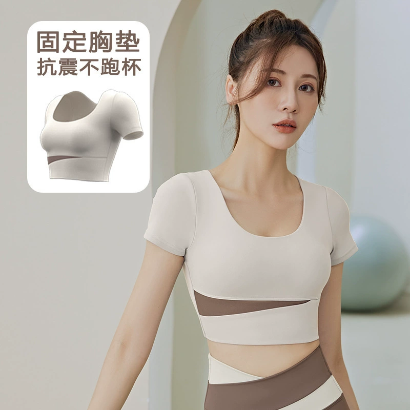  Summer sports breast pads, leggings, trousers for gym, set, with short sleeve, beautiful back