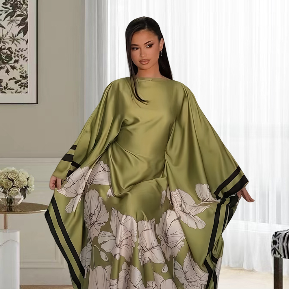 Women's Off-the-Shoulder Satin Dress European American Style Batwing Sleeve Long Gown With Striped Trim Floral Print_ecoleips.com