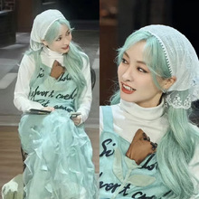韩系雪纺皱蕾丝旅游拍照三角巾甜美少女法式氛围感复古丝巾百搭