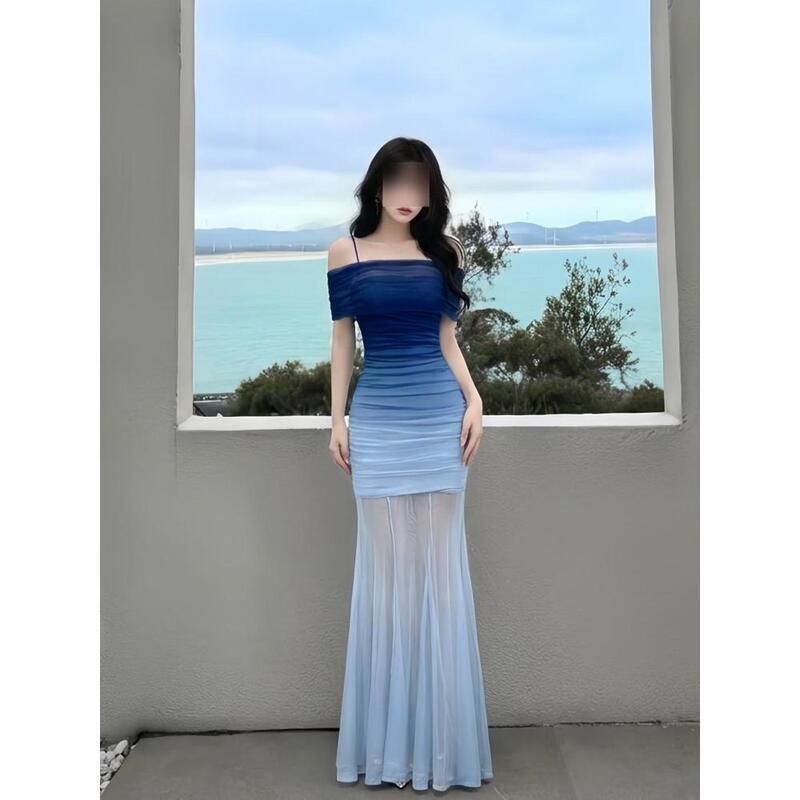 Gradient Mesh One-Shoulder Dress for Women, New Summer Fashion, High-End Elegant Slim-Fit Vacation Long Dress for Women
