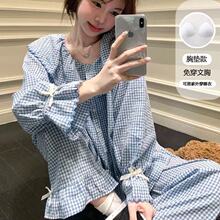 跨境外贸爆款春秋长袖长裤胸垫款韩系小清新格子家居服套装批发