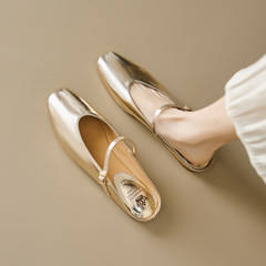 巨軟~法式簡約夏季金銀色包頭平底一字帶瑪麗珍涼拖鞋女大碼40-43