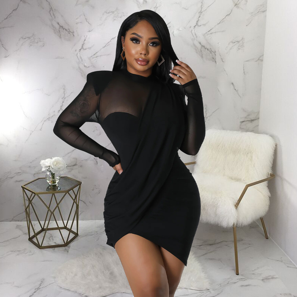 Women Mesh Stitching See-through Patch Waist Dress 16 Women Mesh Stitching See-through Patch Waist Dress