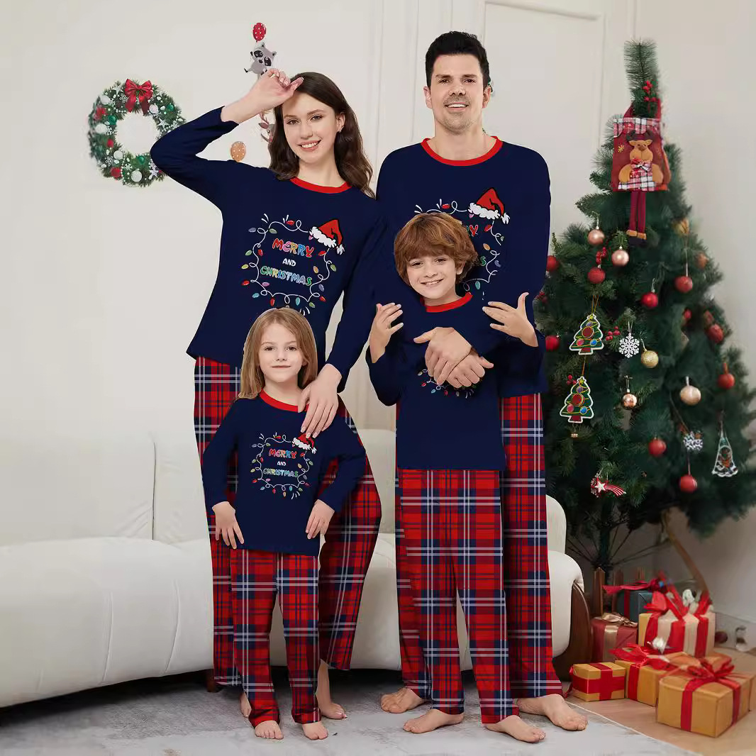 Chapeau de Père Noël alphabet lumineux avec vêtements de famille de Noël imprimés vêtements de maison pyjamas_voghion.com