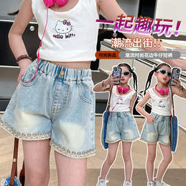 女童牛仔短裤2026夏季新款中大童绣花花边高腰三分裤儿童夏装裤子