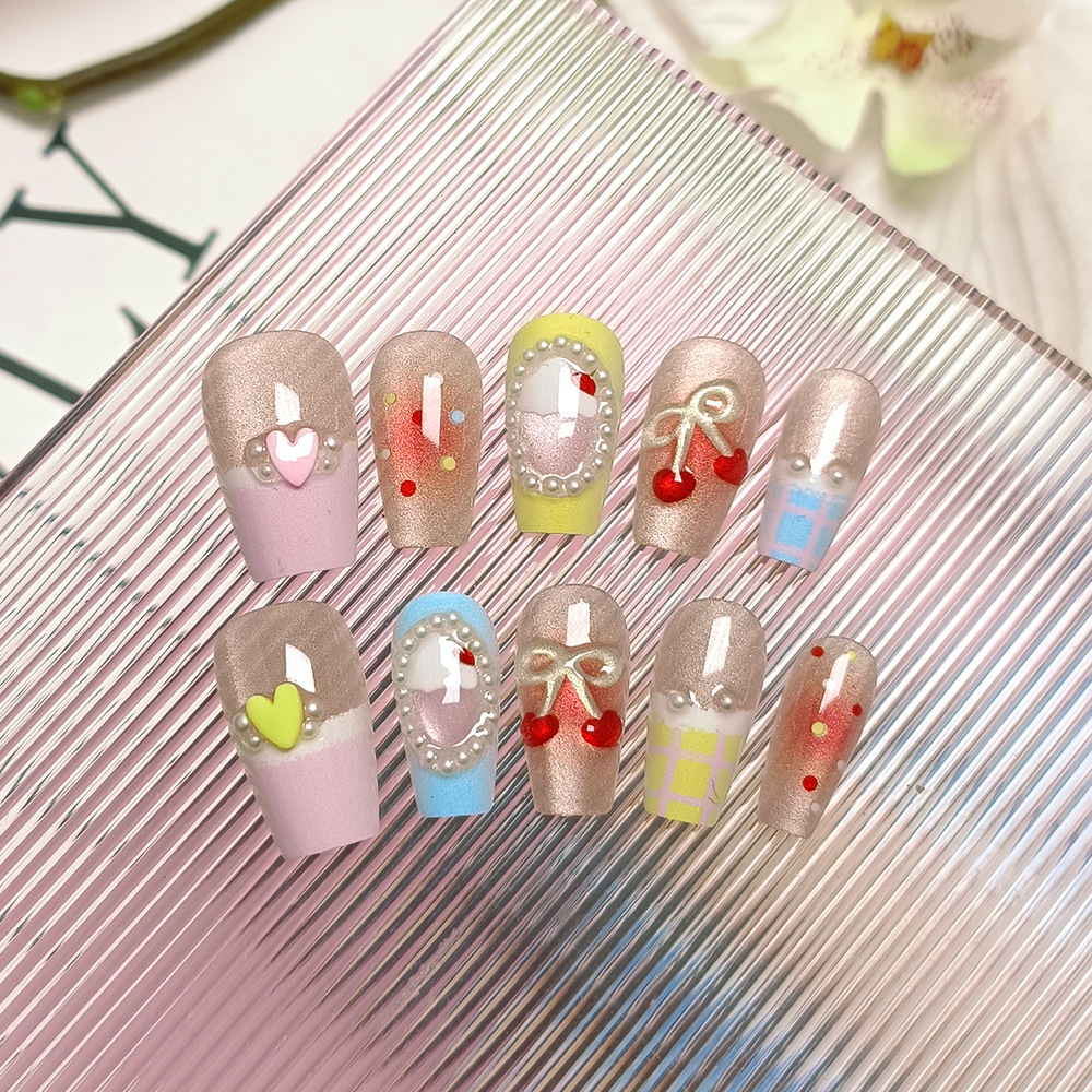 Tapa de uñas de escalera de dulce amor hecha a mano 10 piezas de parche de uñas de lazo de ojo de gato