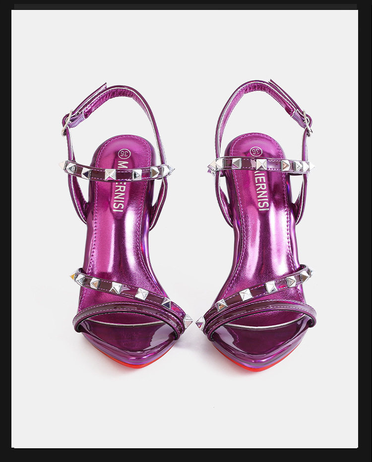 Sandal nữ quai ngang mũi nhọn gót nhọn siêu cao đính đinh tán kim loại, đế đỏ, phong cách Âu Mỹ — Màu be, Màu bạc, Màu trắng, Màu tím chi tiết 21