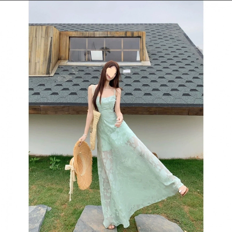 Французское мятно-зеленое кружевное платье на подтяжках для женщин, летняя темпераментная юбка на талии, длинная юбка в морском курортном стиле