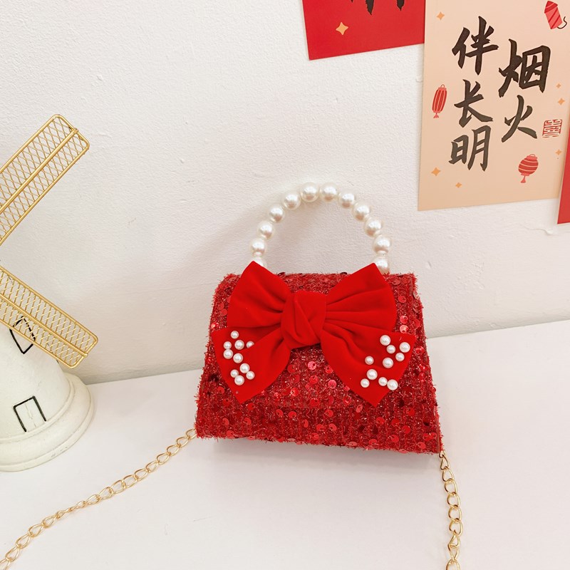 Bagos rojos perfumados para niñas bolsos de hombro con sequillas de perlas, bolsos para niños, bolsos de Año Nuevo para niños