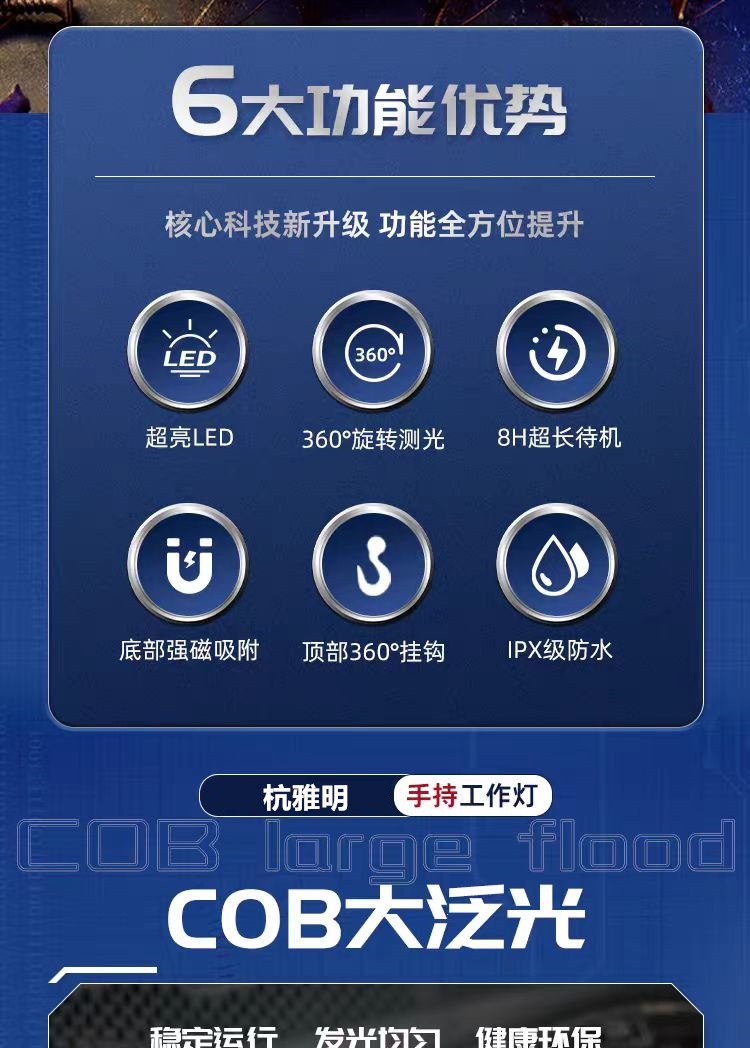 Suitable for COB work lights, auto repair, strong light, rechargeable, long battery life, strong magnetic, anti-fall, super bright for car repairs