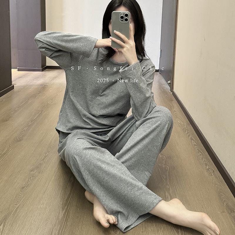 3734带胸垫秋冬新款睡衣套装长袖宽松圆领套头显瘦家居服女家居服|undefined