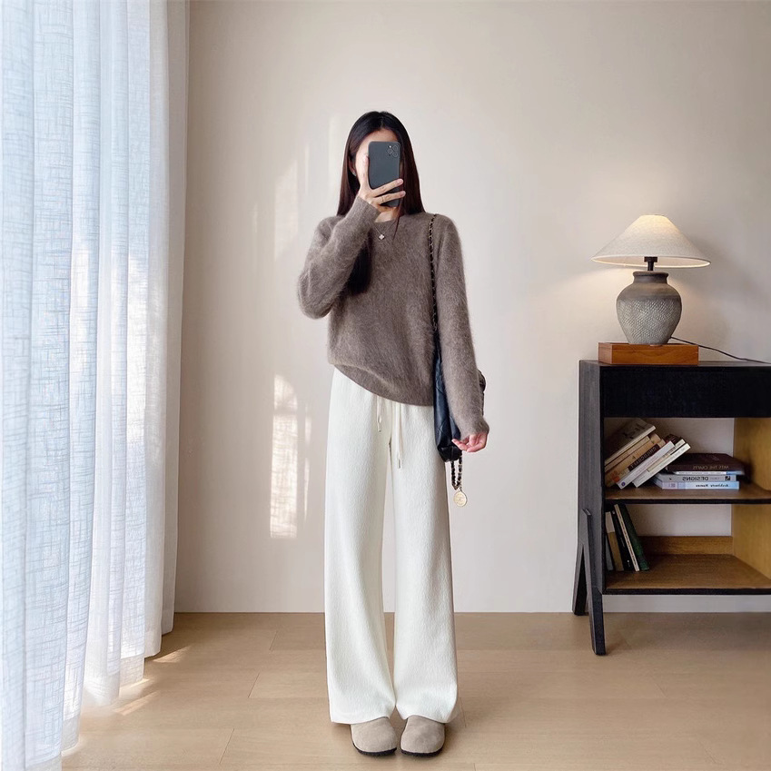 일본 입 바지 2.0 실크 울 캐주얼 스트레이트 바지 ELASTOSTOELASTIC WAIST DAPDOWN 스트레이트 캐주얼 바지 가을과 겨울