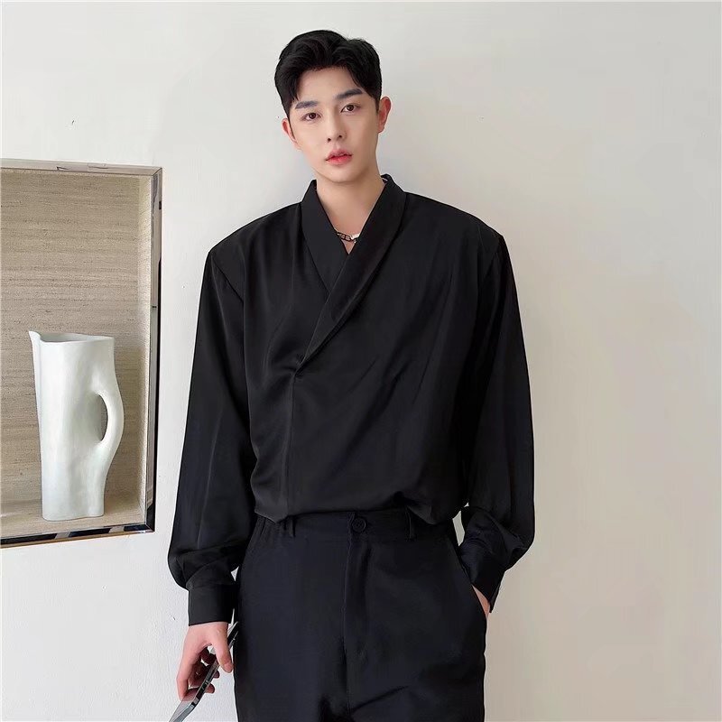 2024 Spring and Summer High-End Silky Shirt Men's Long-Sleeved Loose Lazy Style Drapey Silks and Satins Shirt Pullover Thin Style