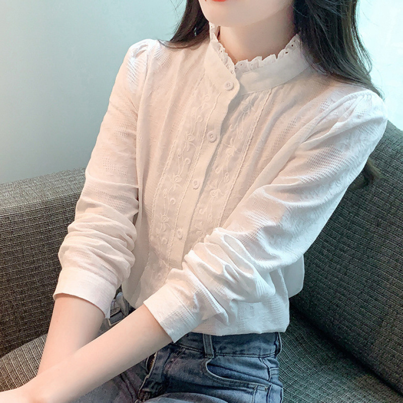 女性のためのスタンドカラー刺繍耳コットンシャツ2025春秋の新しいルーズ薄手のシャツ長袖気質トップ|undefined