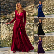 女秋冬新款韩国绒优雅气质时尚名媛风长款V领女士伴娘裙连衣裙