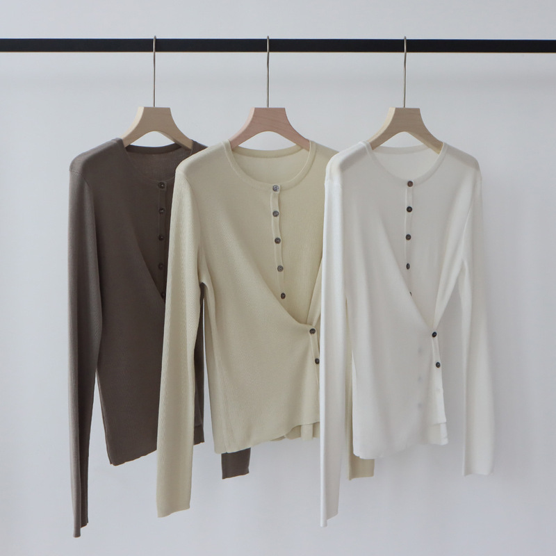 Early Autumn Wear with Lyocell Tencel Design Sense Side Buckle Two Wear Round Neck Knitted Sweater Cardigan Women's Top Base Shirt