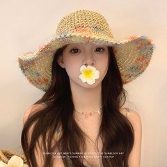 女性用日焼け止め帽子、夏の大きなつば、紫外線防止、カラフルな編み込み麦わら帽子、海辺での休暇、通気性のある中空日よけ帽子