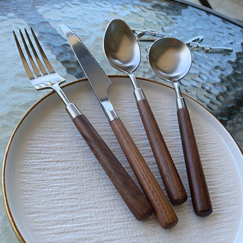Food-Grade Stainless Steel Western-Style Fork, Solid Wood Tableware, Household Western-Style Spoon, Walnut Spoon, Japanese Retro High-End