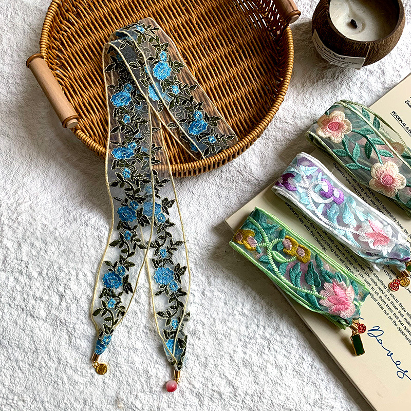 Pañuelo de seda, banda larga, sensación de alto nivel, temperamento de nicho, estilo étnico, bordado floral, bufanda de seda de encaje, cinta para el cabello de nuevo pañuelo en la cabeza