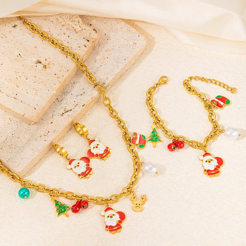 2025 Nieuwe boom Kerst Cartoon Element Kerstman Titanium Stalen Armband Oorbel Sieraden Set_voghion.com