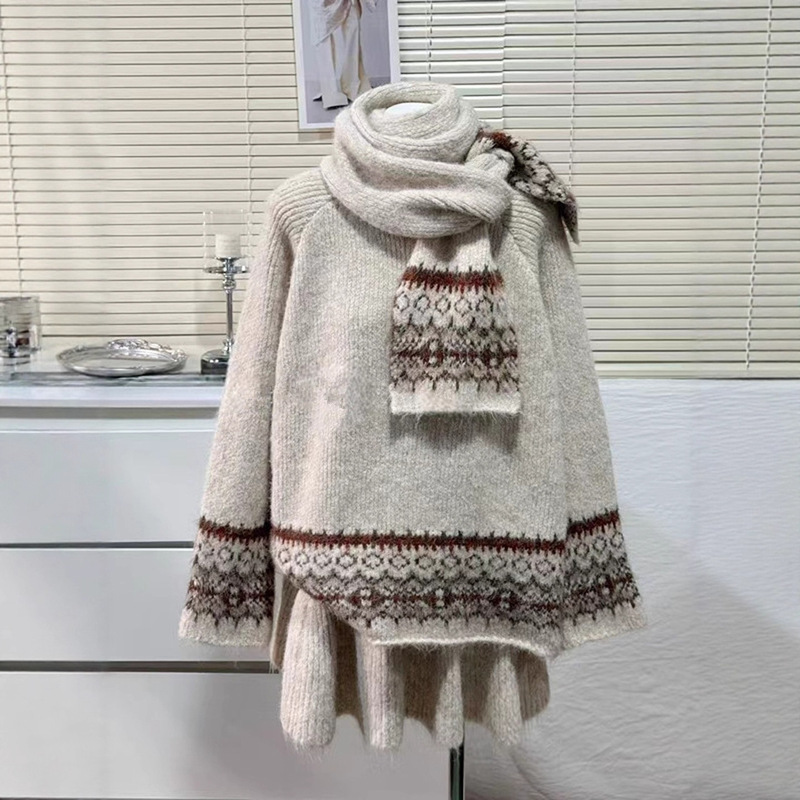 Fair Isle Style Red Jacquard Knitwear Suit for Women Autumn and Winter Retro Lazy Style Round Neck Knitwear with Scarf Suit