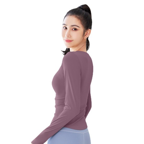 Peach new V-neck long-sleeved sweat-absorbent breathable running sports top waist-cinching three-dimensional slim fitness yoga wear for women
