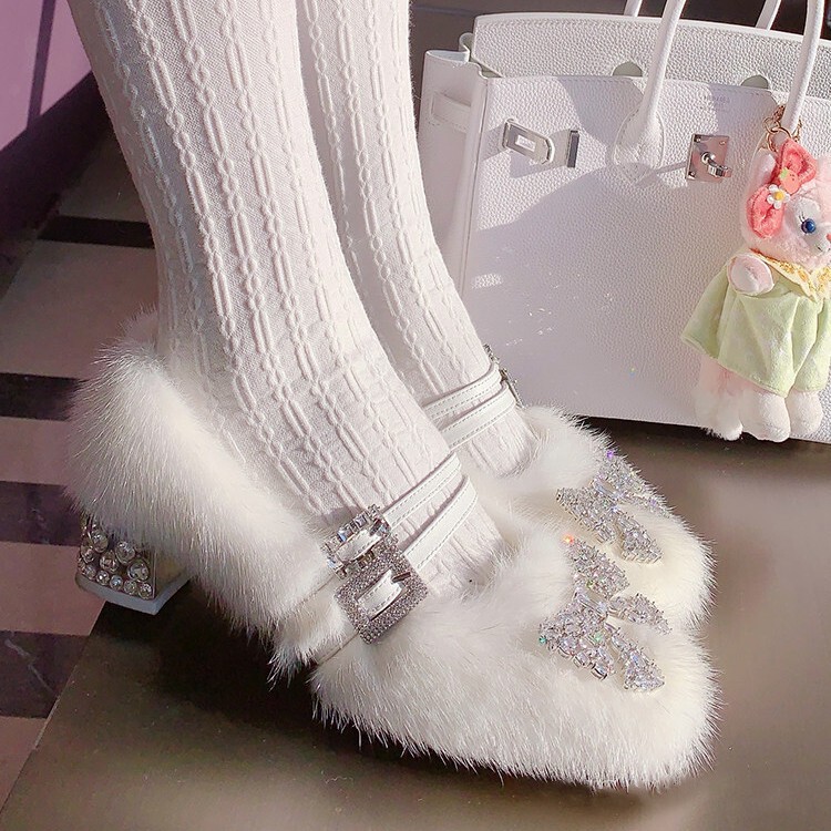 [in Stock] French Style High Heel Furry Shoes for Women, Fleece-Lined Warm Cotton Shoes, Bowknot Square-Toe Mary Jane Shoes, Chunky Heel
