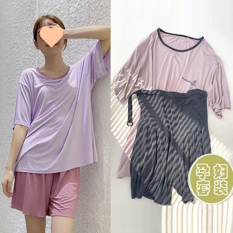 (2개) 임산부 여름 잠옷 세트 아우터 웨어 루즈 여름 얇은 스타일 배 지지 임산부 홈 의류 대형 사이즈 반바지 투피스 세트