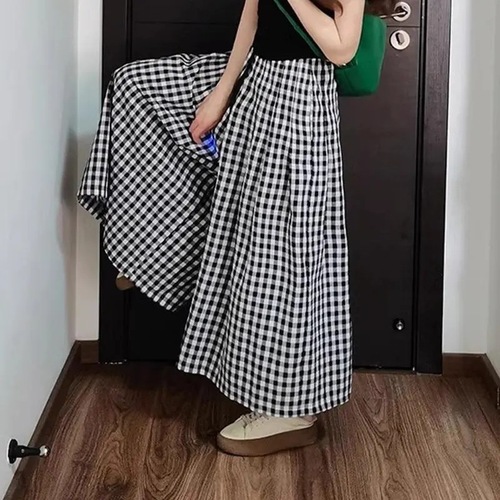 Girls' Spring Pants 9-inch Grid Pants 2024 New Children's Stylish Wide-leg Pants Big Kids Loose Summer Skirt Pants