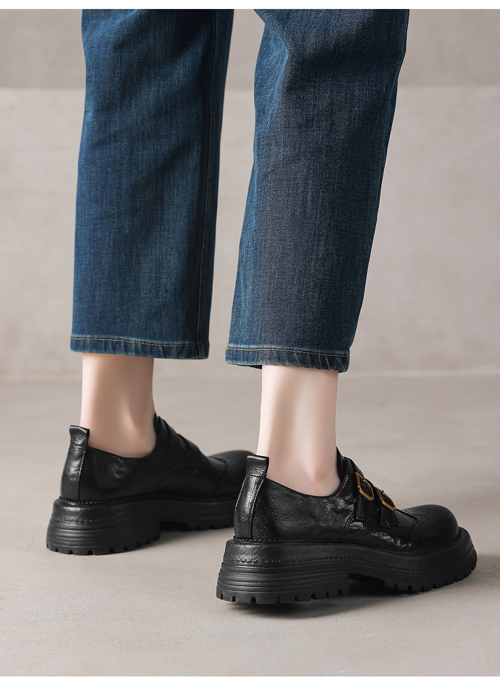 Giày loafer nữ đế dày mũi tròn gót vuông ổn định, khóa thắt lưng kép — màu nâu chi tiết 18