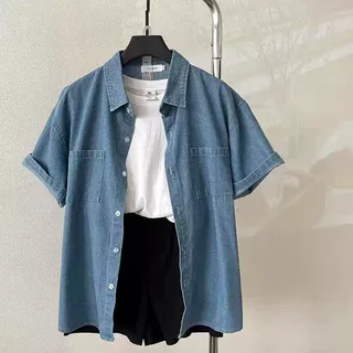 韩系休闲复古宽松牛仔短袖衬衫女春夏新款百搭翻领通勤风开衫上衣