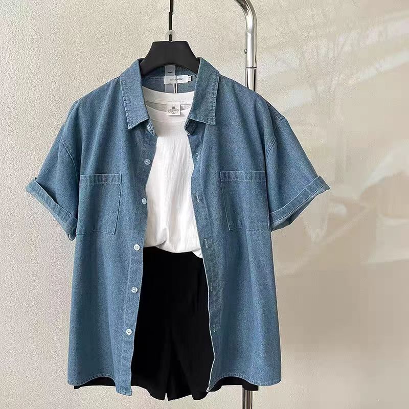Korean Casual Retro Loose Denim Short-Sleeved Shirt for Women Spring and Summer New Versatile Lapel Commuter Style Cardigan Top