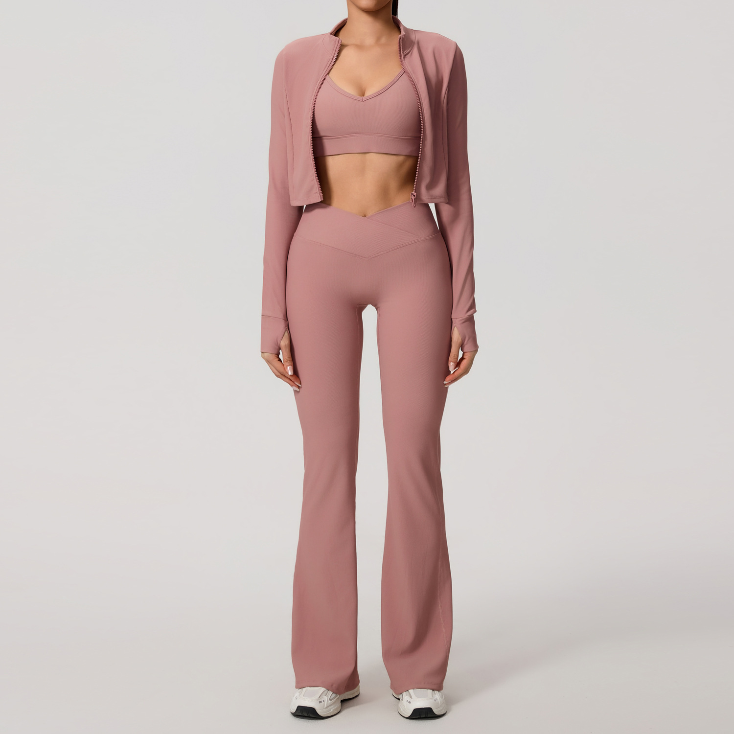 Europa y América sexy cruzada belleza de espalda deportiva al aire libre chaqueta con cremallera piernas anchas cintura alta y largo conjunto de pantalones de calzado 7005