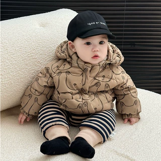 韩版男冬季夹棉外套洋气宝宝卡通印花连帽加厚棉服婴儿保暖棉袄潮