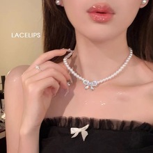 珍珠蝴蝶结项链法式高级感锁骨链轻奢小众礼服颈链女2024新款配饰