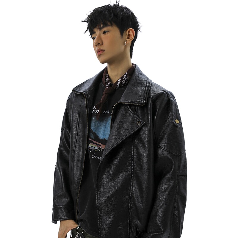 Men's Trendy Pu Leather Jacket, Stylish High Street Couple's Autumn and Winter American-Style Windproof Leather Jacket with Double-Layer Collar, Biker Casual Outerwear, Vest