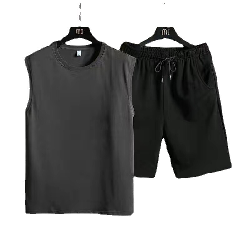 Summer Men's Vest T-shirt Ice Silk Sports Suit Sleeveless Waistcoat Loose Solid Color Summer Outer Wear Shorts Two-piece Pack
